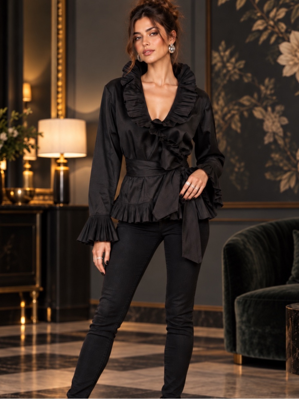 Isadora Collection PL Black Ruffle Belted Blouse Romantic Victorian Gothic